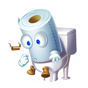 wiper, an anthropomorphic roll of toiled paper, sitting on a toilet, holding the last square of toilet paper