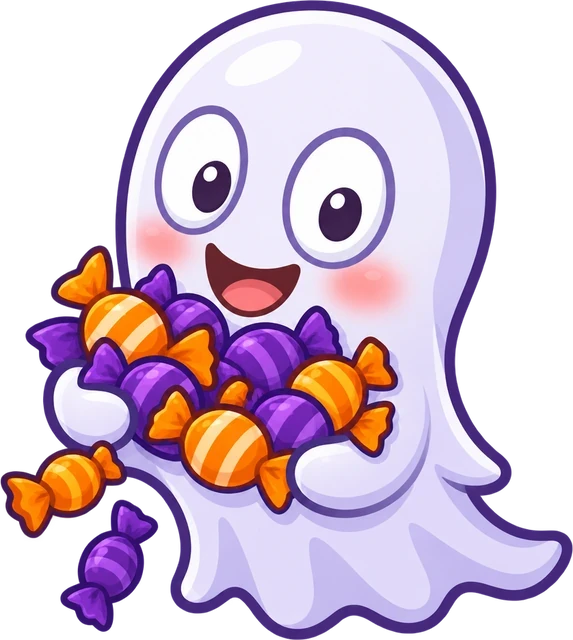 Casper the ghost, grinning and holding an armful of Halloween candy.