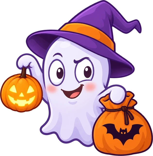 Casper the ghost in a witch hat, holding a glowing pumpkin and a goodie bag.