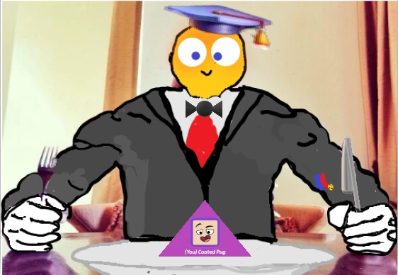 In this satirical tableau, Bulby—garbed in an outsized business suit and mortarboard—looms over a diminutive pink pyramid bearing a self-referential avatar, evoking the voracious appetite of institutional authority for identity and achievement. The whimsical cartoon figure, set against the formal dining backdrop, subverts traditional portraiture to critique power imbalances and self-consumption in modern society