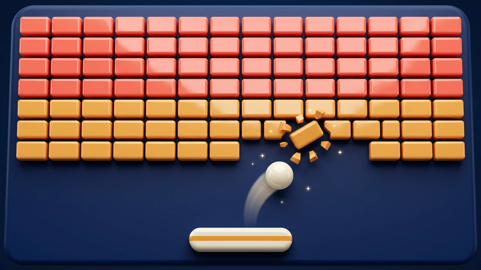Breakout game online: a glossy ball arcs toward a coral and amber brick wall as one brick explodes
