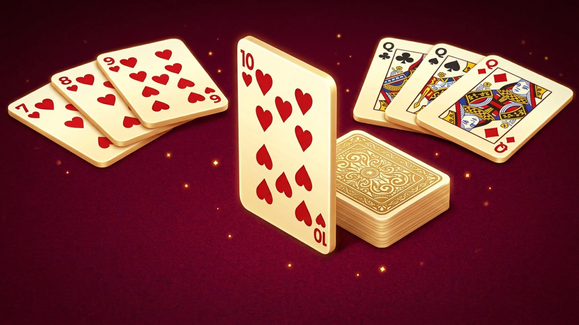 A winning gin rummy hand with a run of hearts and a set of queens on a burgundy felt table