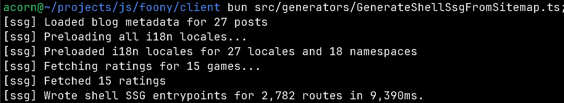 SSG console log showing time taken