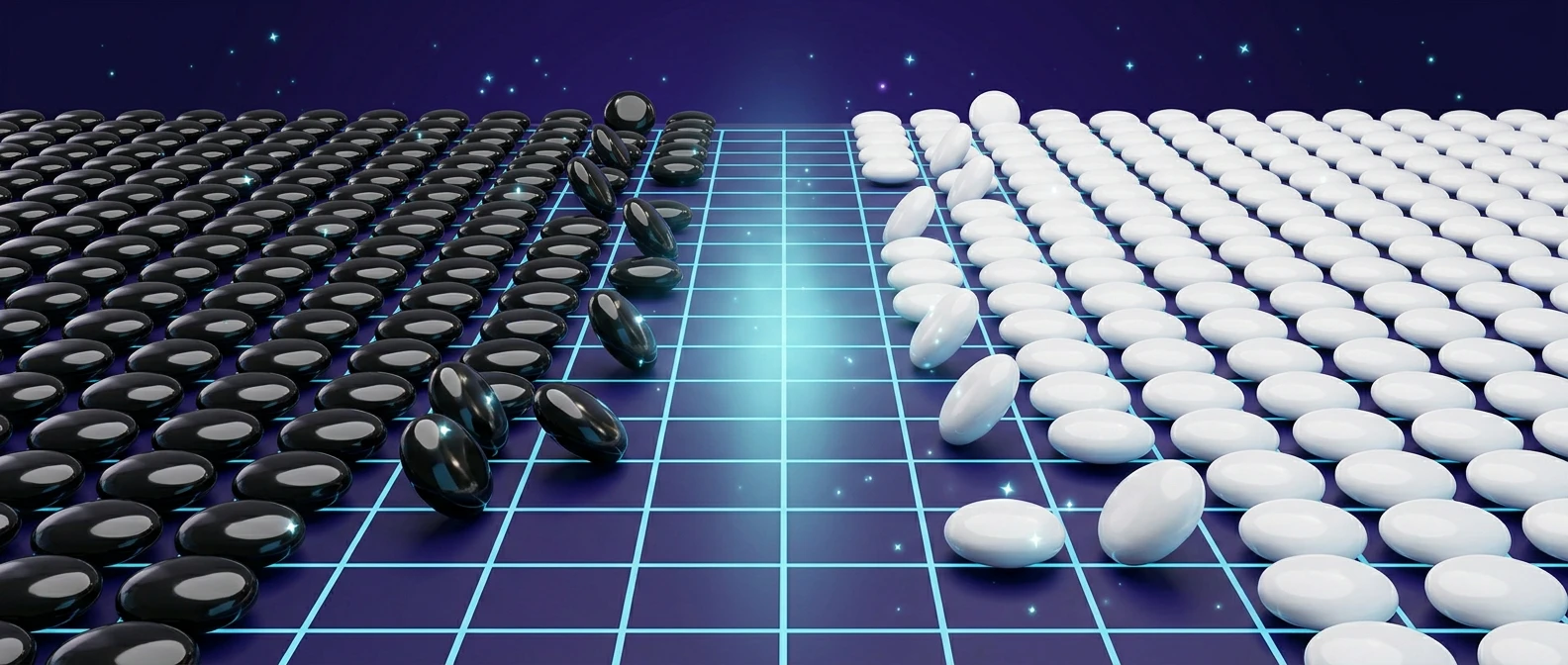 Black and white Go stones facing off across a glowing online Go board